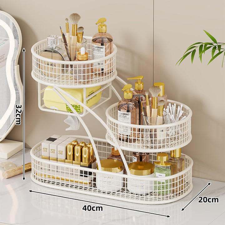Three-Tier Wire Mesh Vanity and Bathroom Countertop Organizer with Built-In Tissue Dispenser