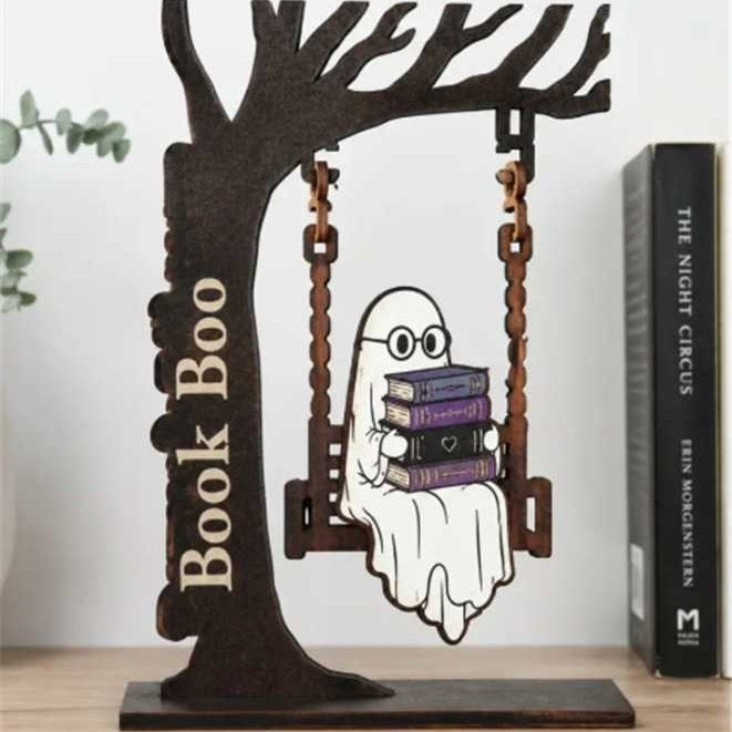 Whimsical Ghost and Cat Hanging Sign Sculpture Stornfield