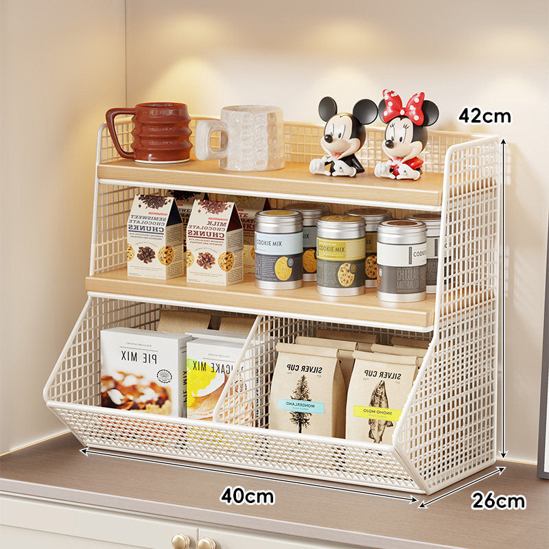 Compact Mesh Countertop Pantry Organizer with Two Wooden Shelves and Deep Front Basket