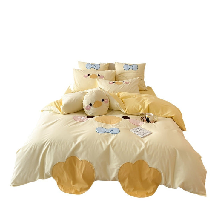 Children's bedding set with embroidered duck motif, reversible cover and cuddle pillow