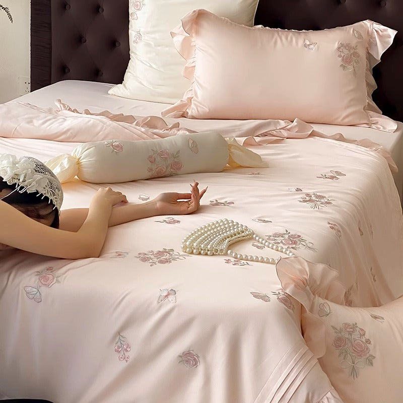 Satin-Effect Embroidered Rose Duvet Cover Set with Ruffled Hem & Decorative Shams