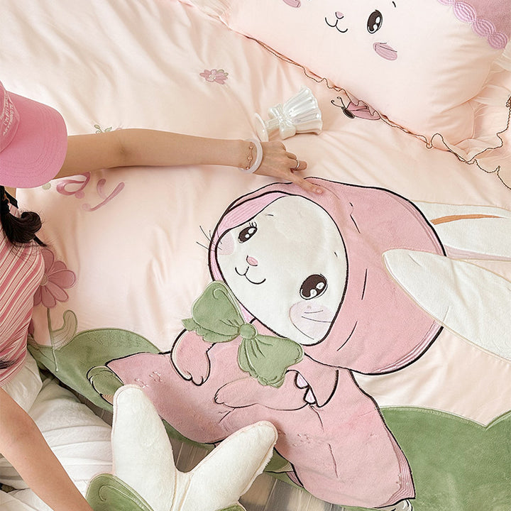Rabbit Appliqué Cotton Sateen Duvet Cover Set with Plush Accents