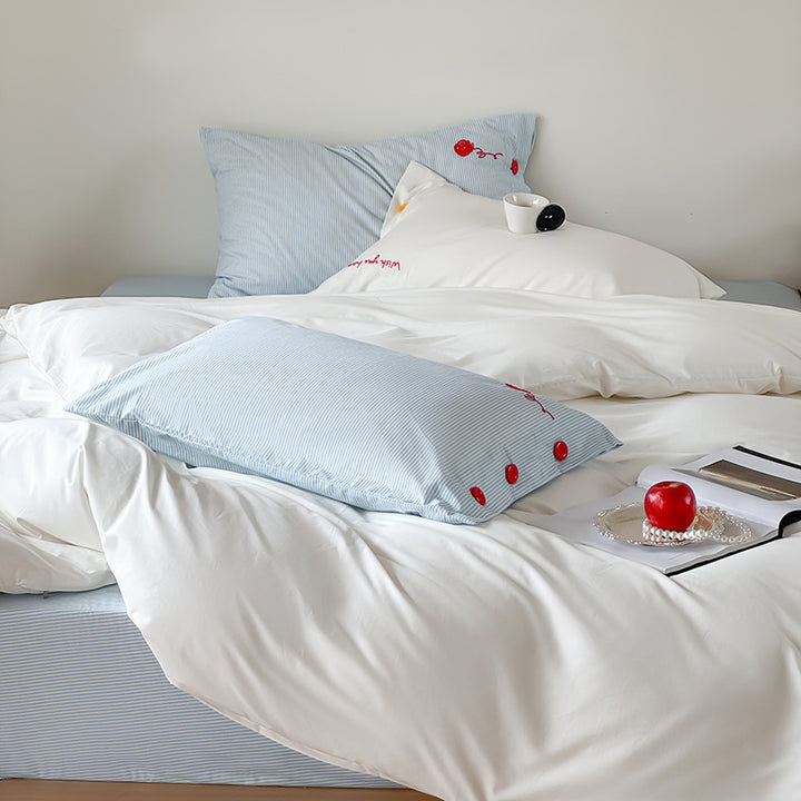 Cotton Sateen Reversible Duvet Cover Set with Embroidered Button Accents and Deep-Pocket Fitted Sheet