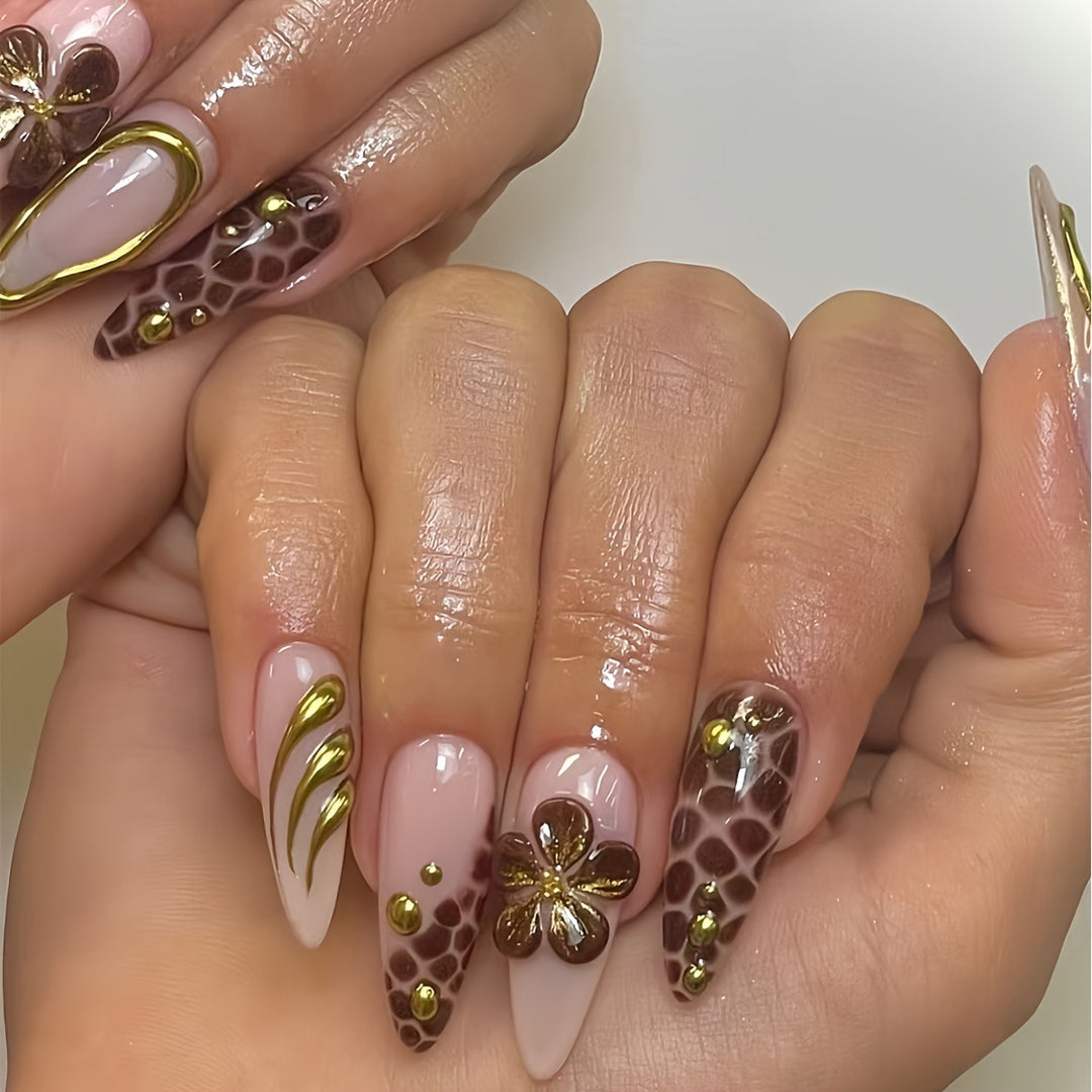 Artistic Press-On Nail Set with 3D Floral Accents Stornfield