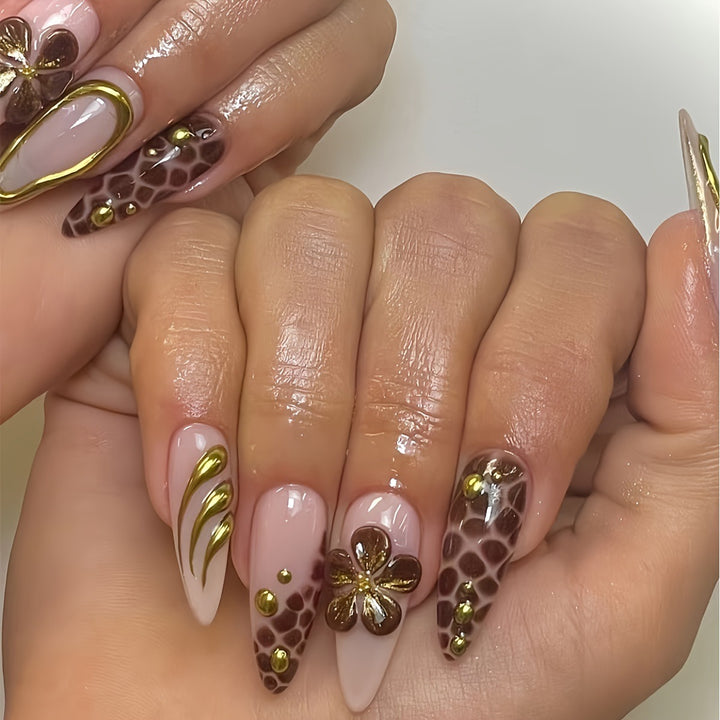 Artistic Press-On Nail Set with 3D Floral Accents Stornfield