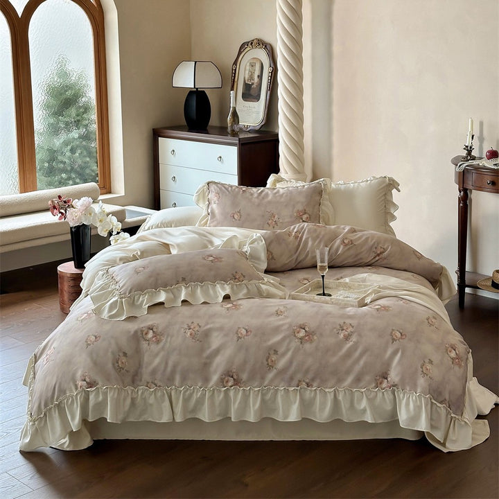 Vintage Ruffled Floral Duvet Cover Ensemble with Pillow Shams