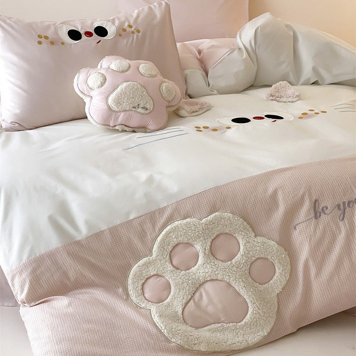 Whimsical Cat-Face Duvet Cover Set with Paw-Shaped Plush Accent Pillow