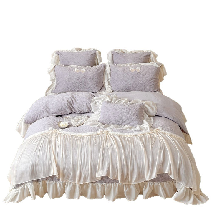 Luxury Ruffled Jacquard Duvet Cover Set with Embroidered Pillow Shams