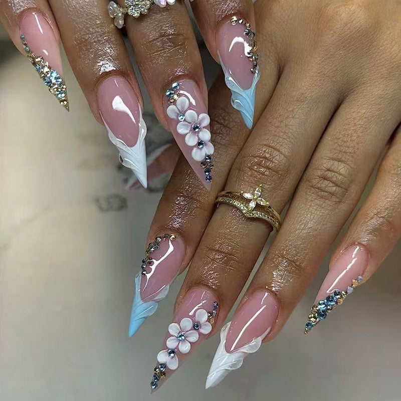 Elegant Floral-Embellished Stiletto Press-On Nails Stornfield