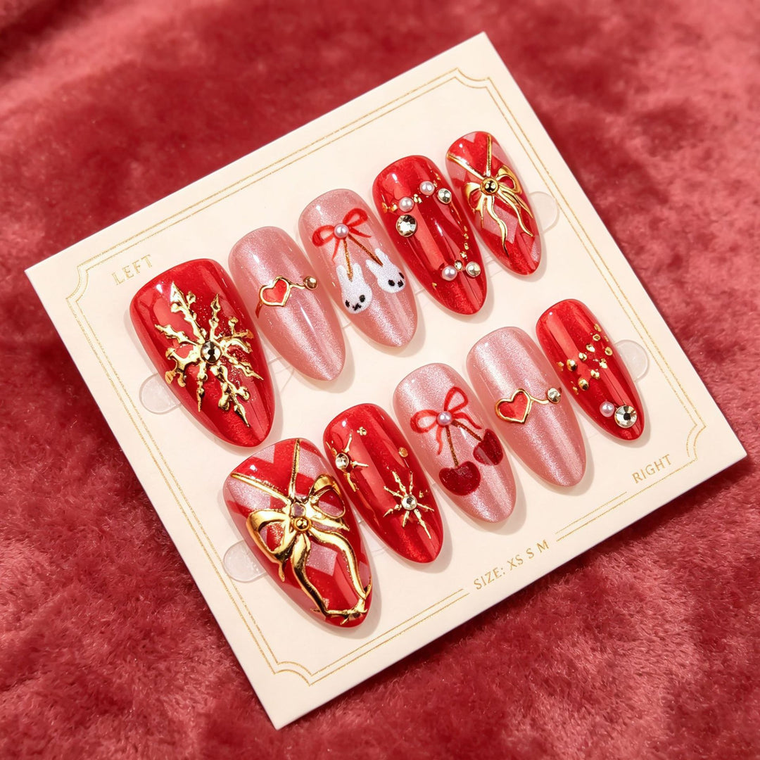 Artistic Press-On Nail Set with Heart and Floral Design Stornfield