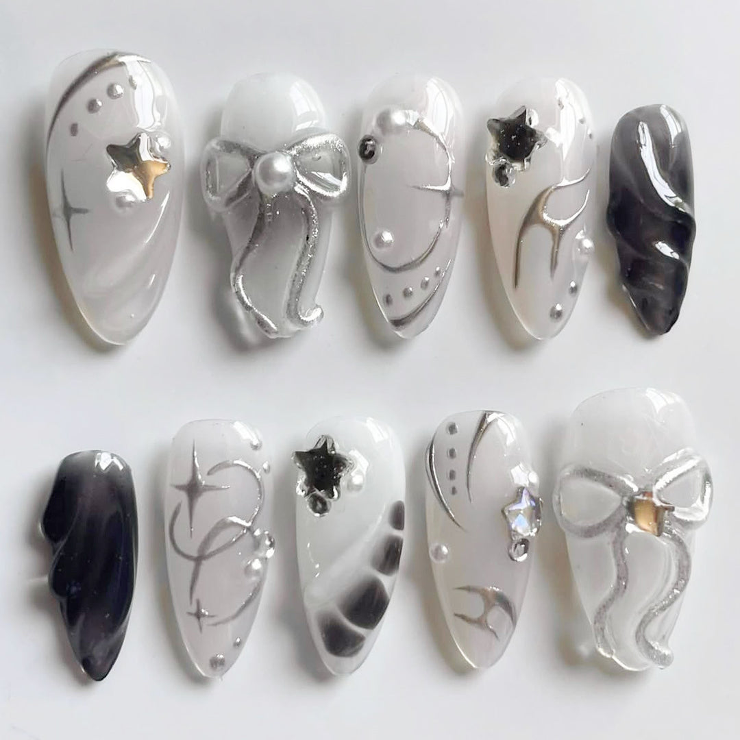 Creative Press-On Nail Art Set with Elegant Silver Accents Stornfield