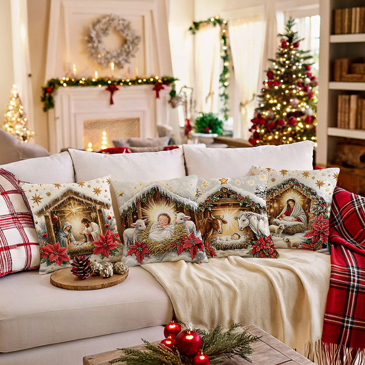 Holiday Nativity Manger Illustration Cotton-Linen Decorative Pillow Cover
