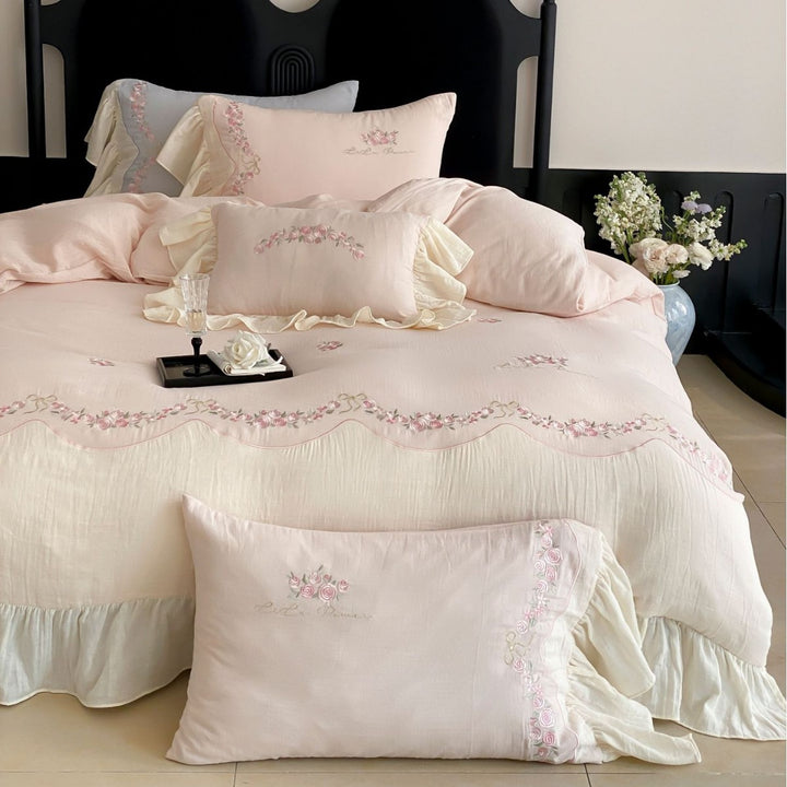 Deluxe Cotton Sateen Floral Embroidery Duvet Cover Set with Ruffled Bedskirt & Oxford Shams