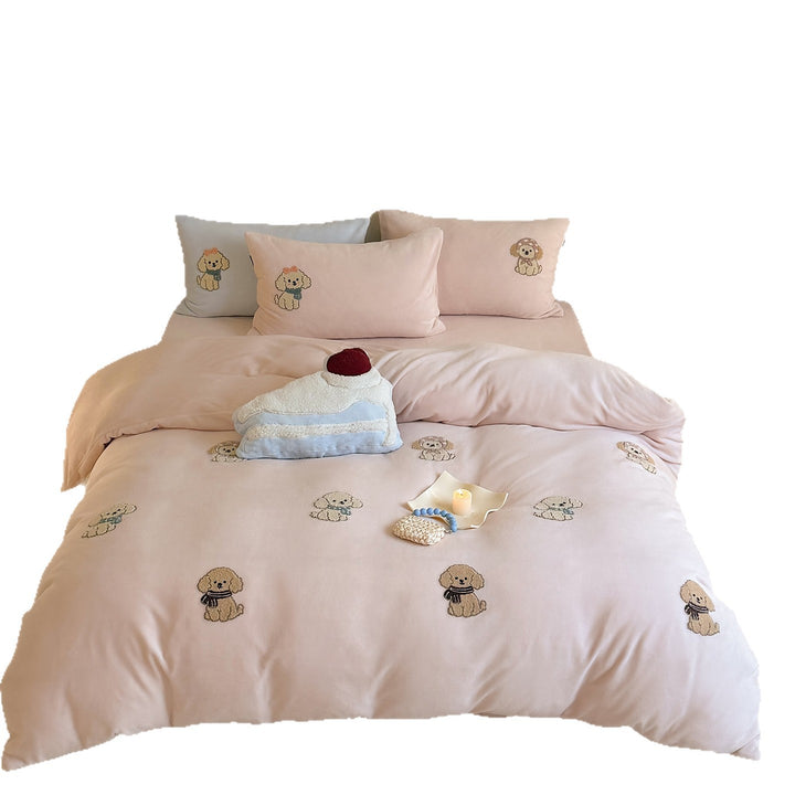 Embroidered Puppy Motif Cotton-Sateen Duvet Cover Set