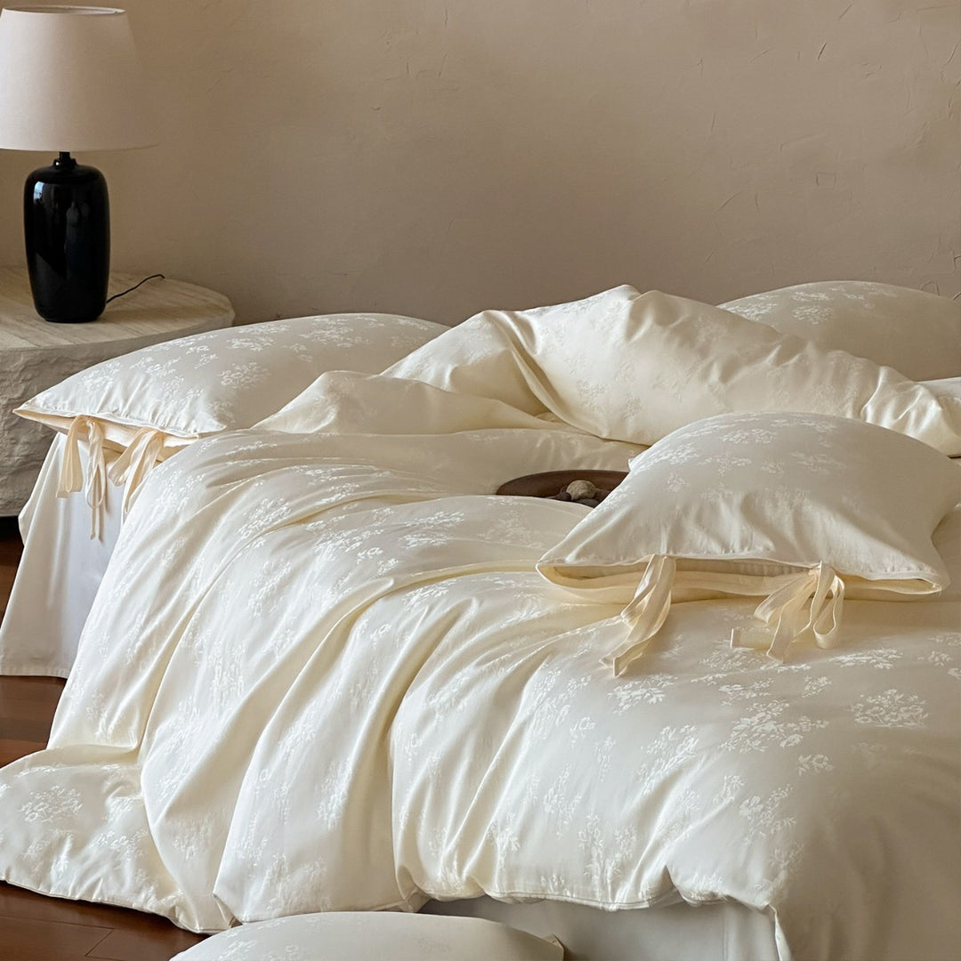 Luxury Floral Satin Duvet Cover Set with Ribbon-Tie Pillowcases