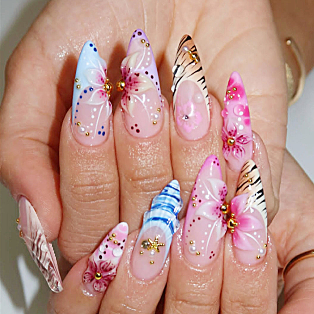Artistic Press-On Nail Set with Floral and Gemstone Accents Stornfield