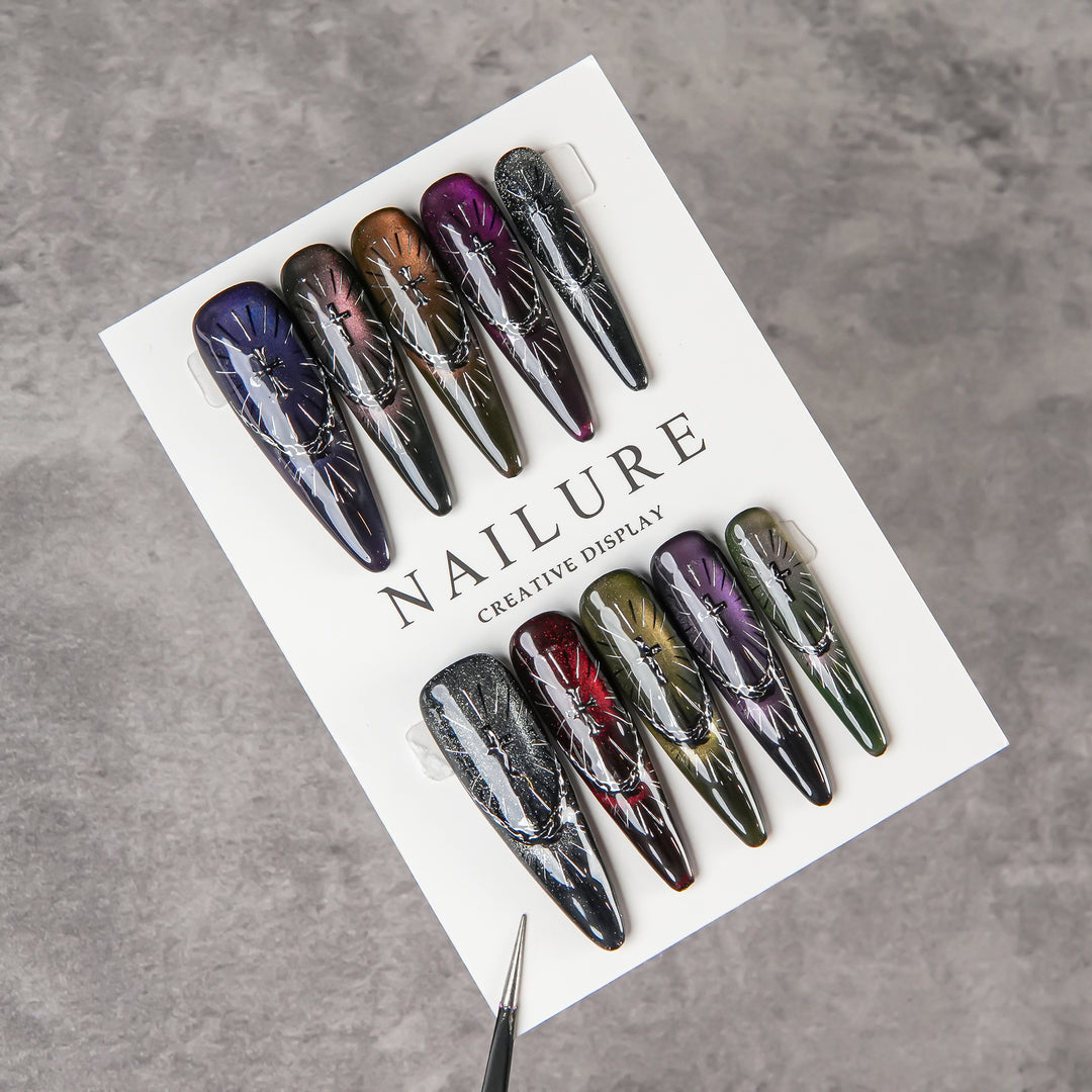 Artistic Press-On Nail Set with Unique Cross Patterns