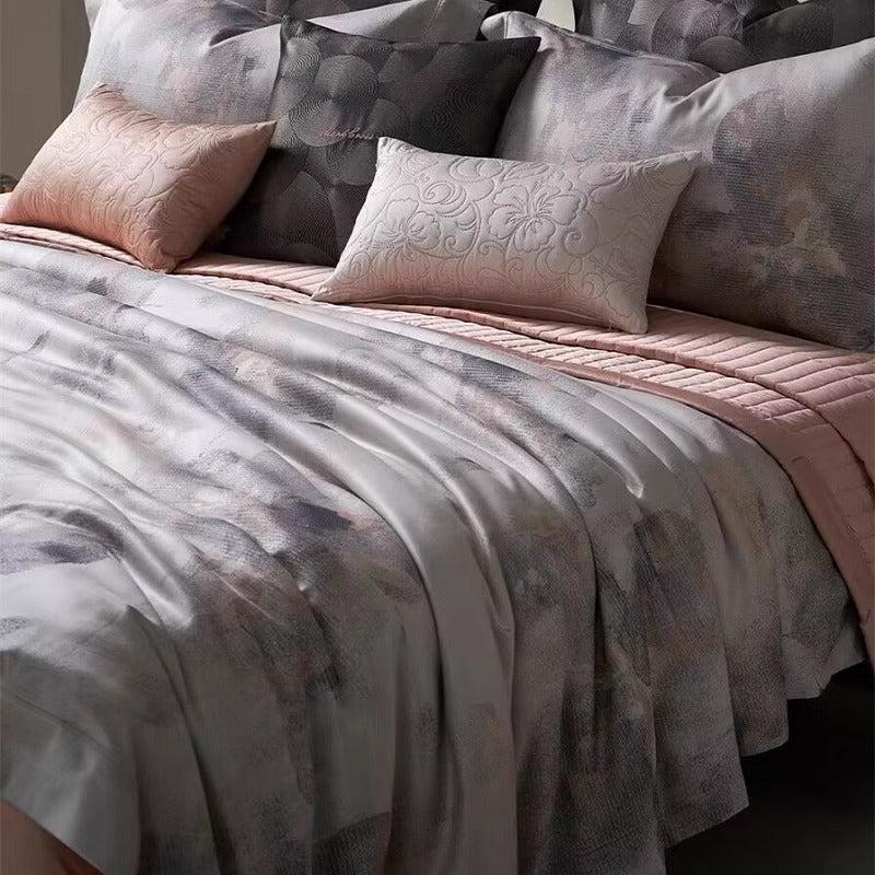 Marble-Effect Luxury Cotton-Sateen Duvet Cover Ensemble with Hidden Closure & Euro Shams