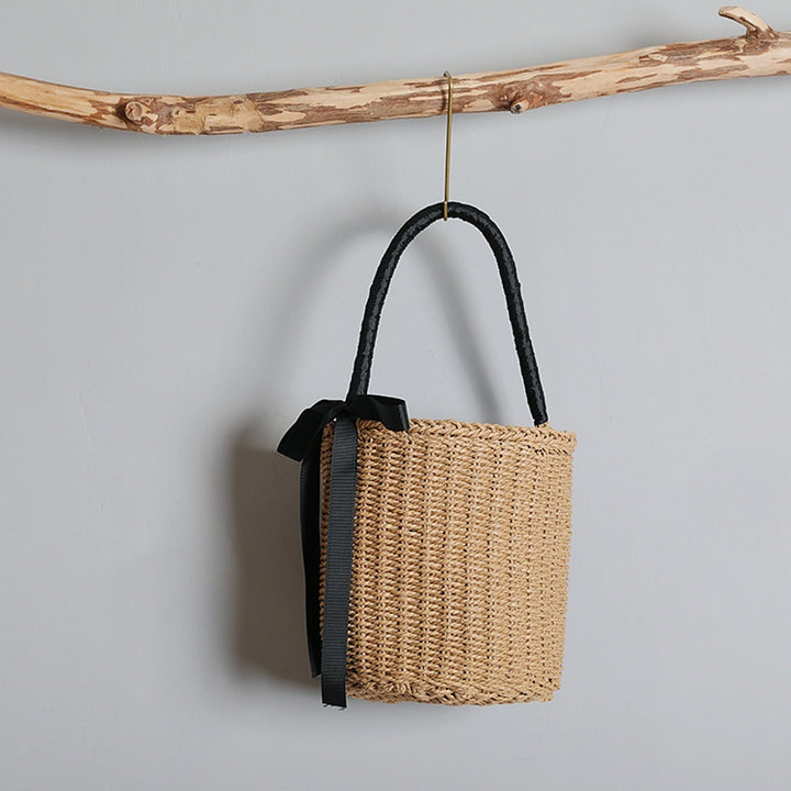 Handwoven basket bag with decorative fabric ribbon Stornfield