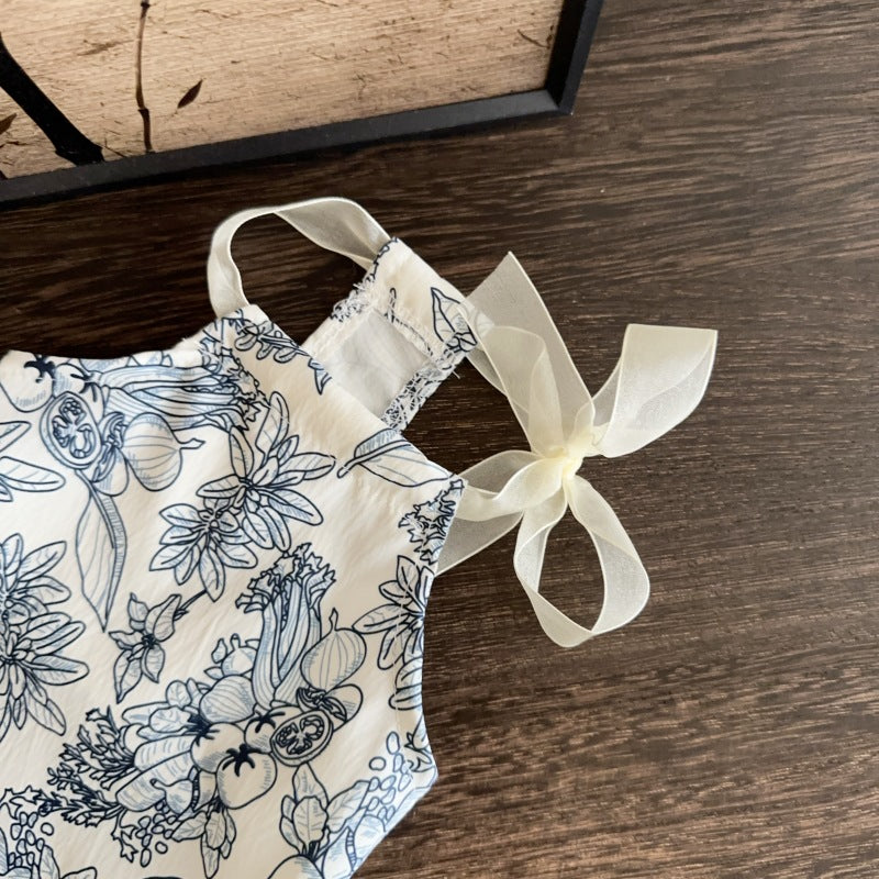 Floral Cotton Baby Halter Romper with Sheer Ribbon Shoulder Ties