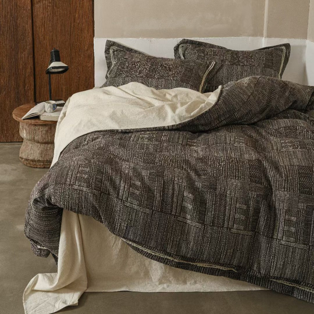 Reversible Linen-Cotton Duvet Cover Set with Woven Geometric Texture