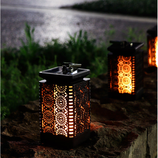 Decorative Solar-Powered Metal Lantern With Filigree Cutout And Flickering LED Flame Effect Stornfield