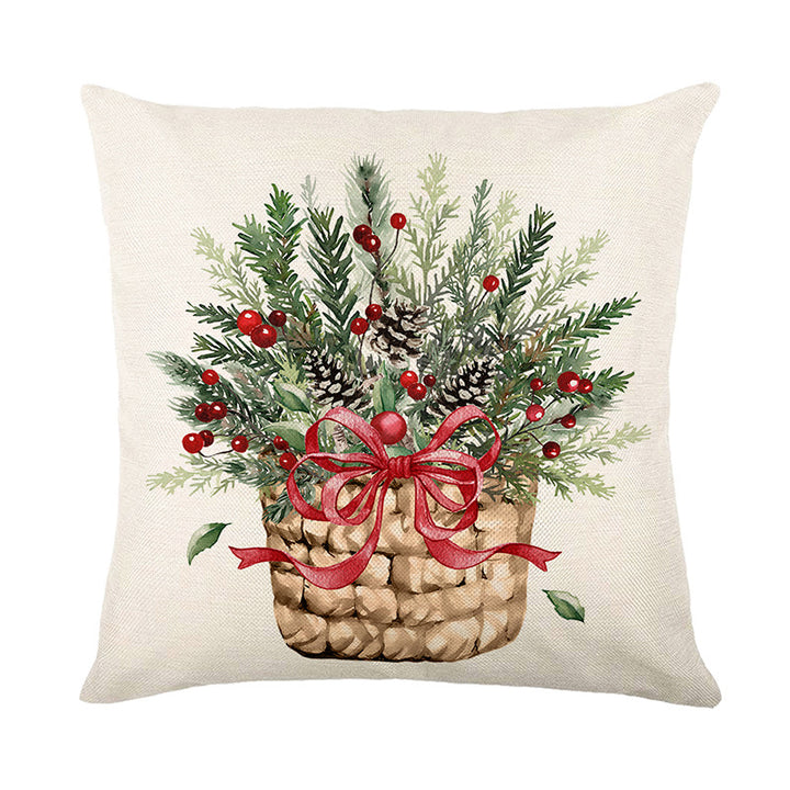 Festive Botanical Wreath Linen-Texture Square Pillow Cover