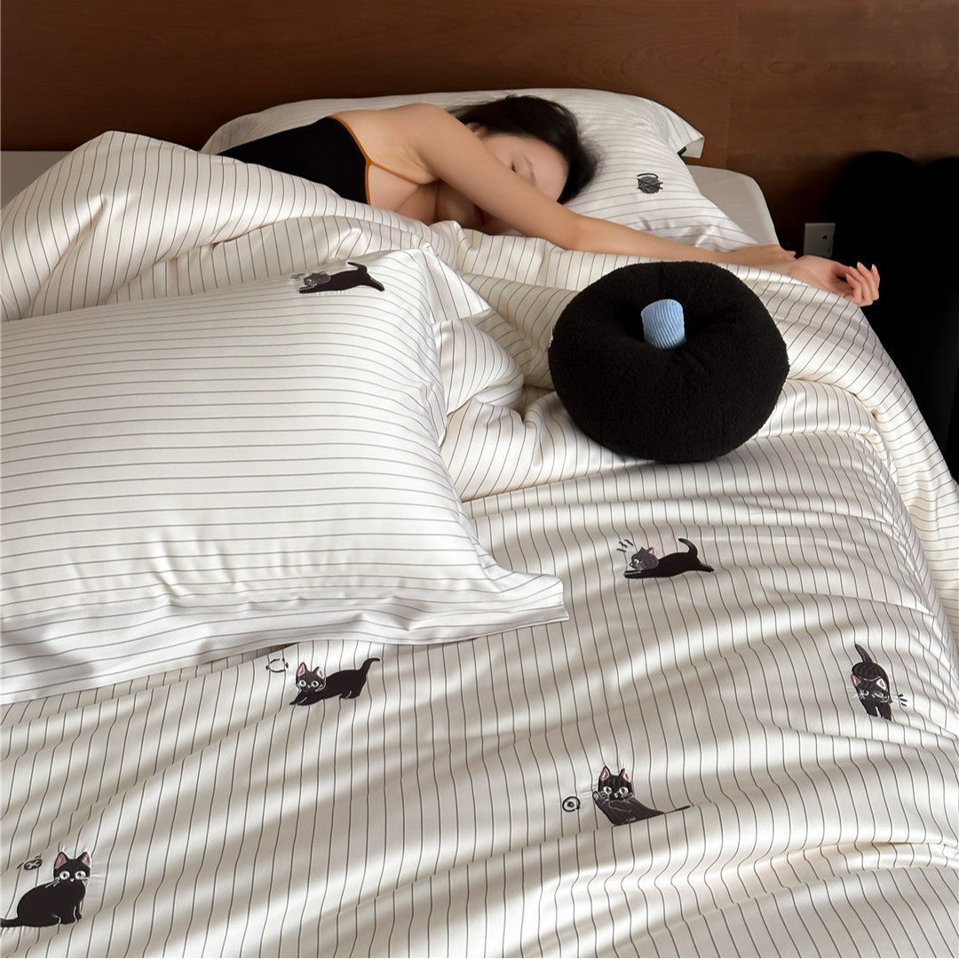 Cotton Sateen Striped Duvet Cover Set with Playful Cat Embroidery & Reversible Shams
