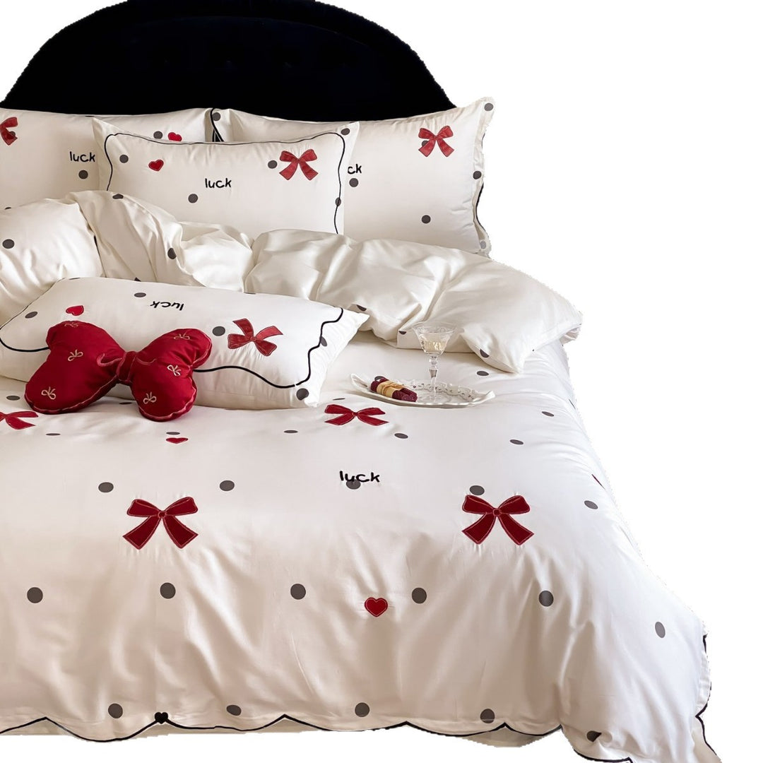 Decorative Cotton-Sateen Duvet Cover Set with Embroidered Bow & Polka Dot Motif