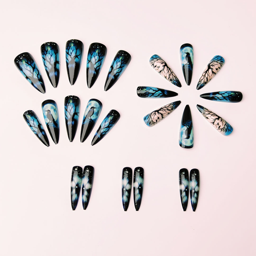 Creative artificial nails with mystical moon and crow design Stornfield