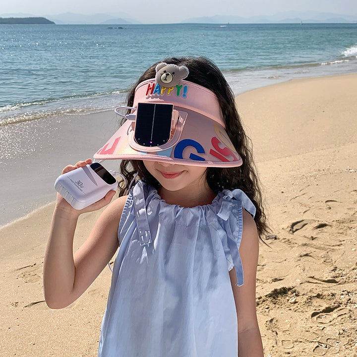 Adjustable children sun visor with integrated mini fan and extra wide brim Stornfield