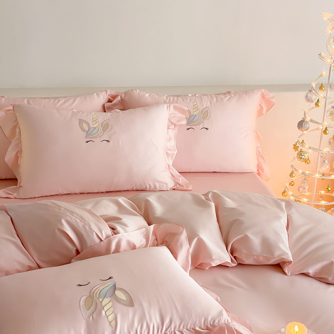 Unicorn Embroidered Ruffle Satin Duvet Cover Set