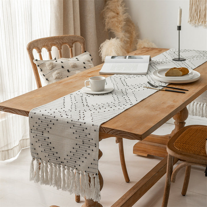 Handwoven table runner made of cotton blend with fringes and geometric dot jacquard Stornfield