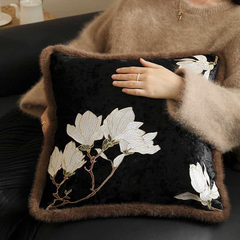 Square velvet decorative pillowcase with magnolia embroidery and faux fur trim Stornfield
