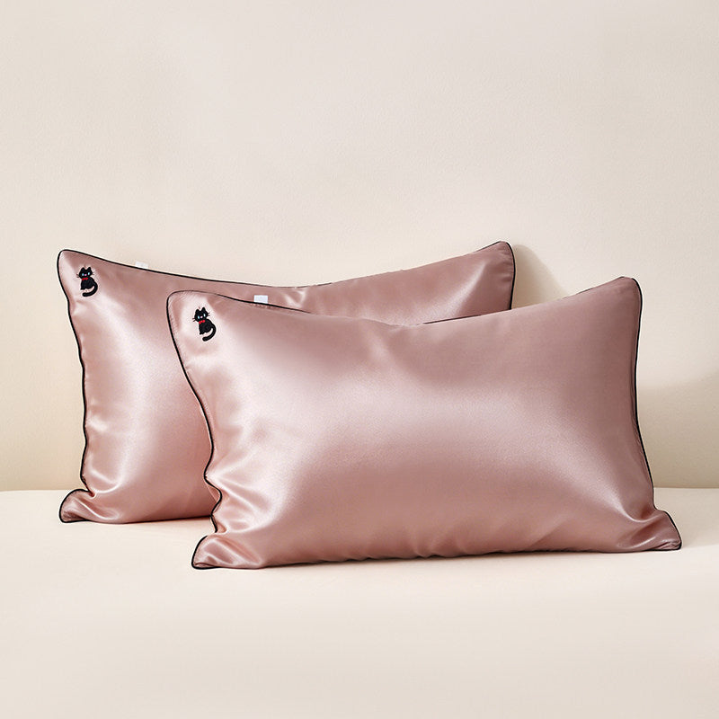 Silky Satin Pillowcase Pair with Contrasting Piping and Corner Cat Embroidery