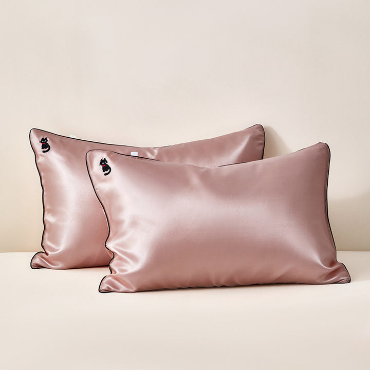 Silky Satin Pillowcase Pair with Contrasting Piping and Corner Cat Embroidery