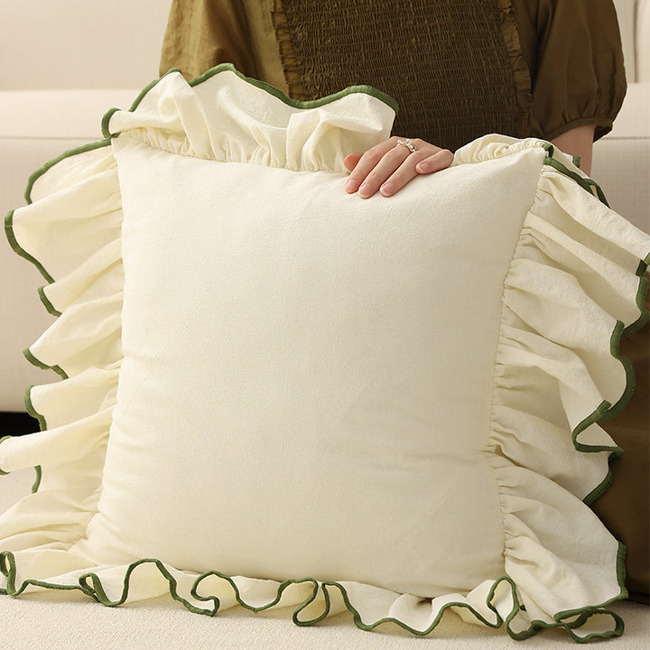Romantic decorative cushion with gathered ruffles and linen look
