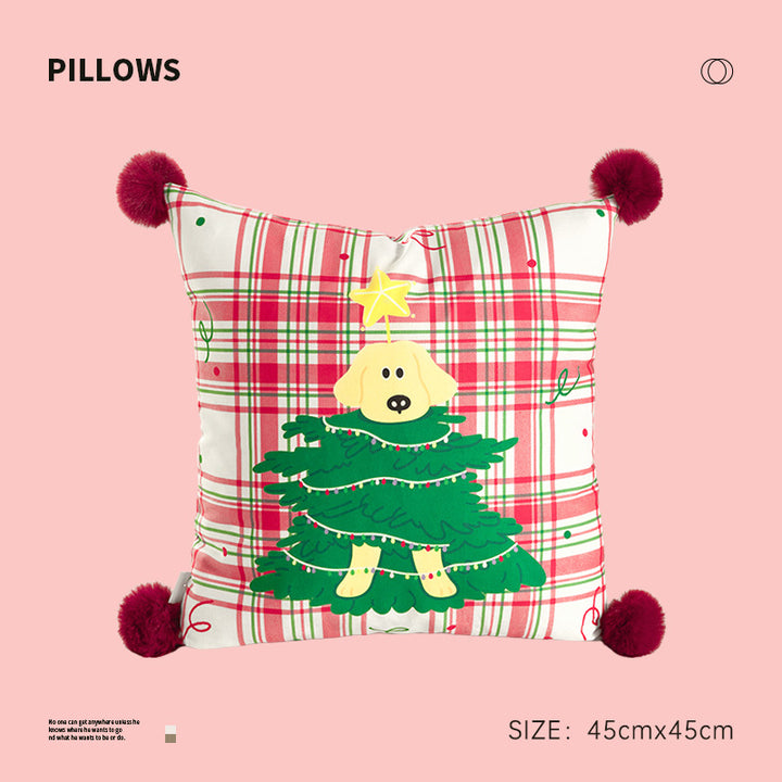 Square Christmas decorative cushion with pom-pom corners and printed dog design