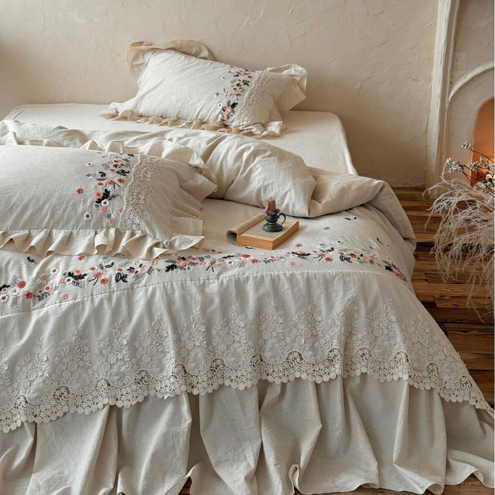 Embroidered Linen Ruffled Duvet Cover Set with Lace-Trim Pillow Shams