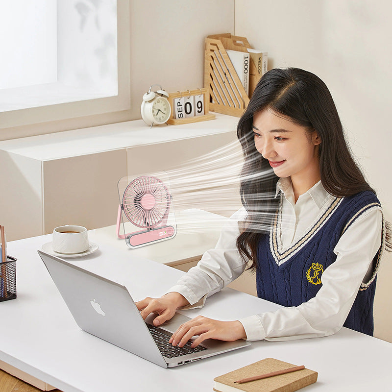Cooling clear acrylic-framed rechargeable portable desk fan with digital battery percentage display and foldable handle Stornfield