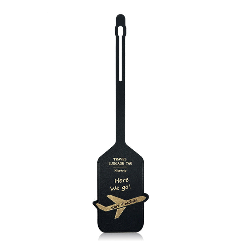 premium leather travel luggage ID tag with embossed airplane motif and adjustable strap Stornfield