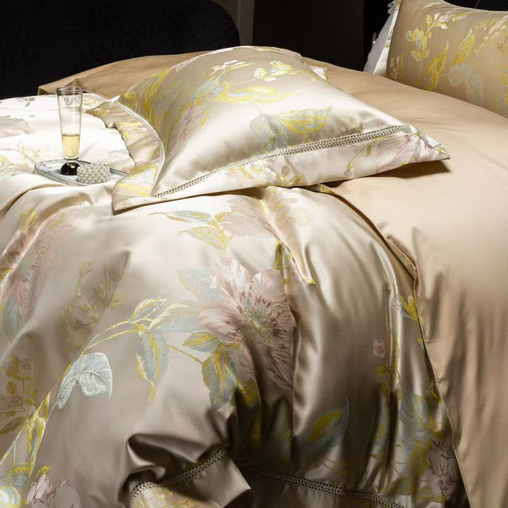 Luxury Satin Jacquard Floral Duvet Cover Set with Decorative Piped Pillow Shams