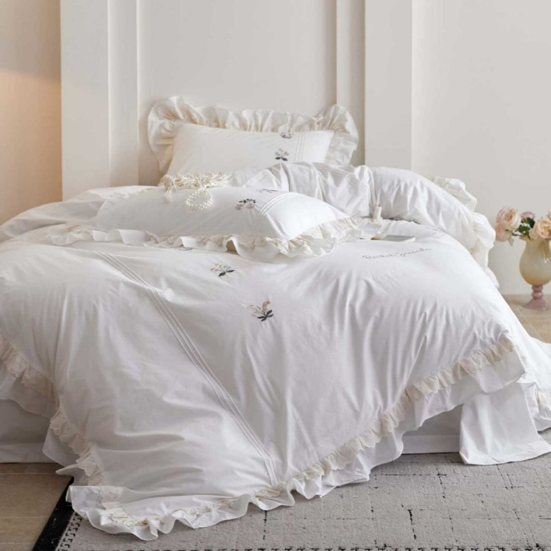 Ruffled Embroidered Cotton Duvet Cover Set with Lace Trim