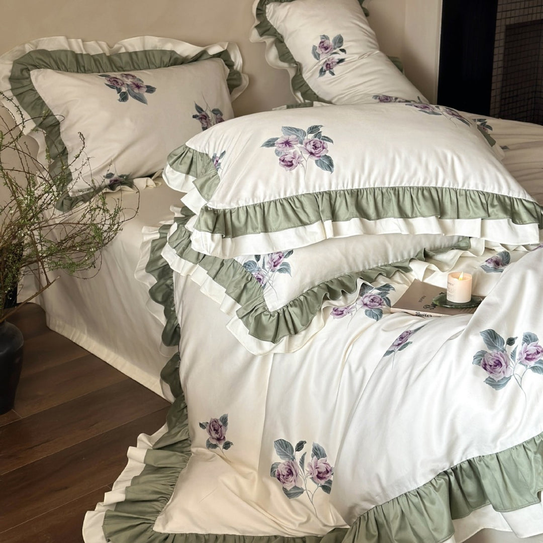 Floral Embroidered Ruffled Cotton Sateen Duvet Cover Set with Double-Layer Ruffle Hem