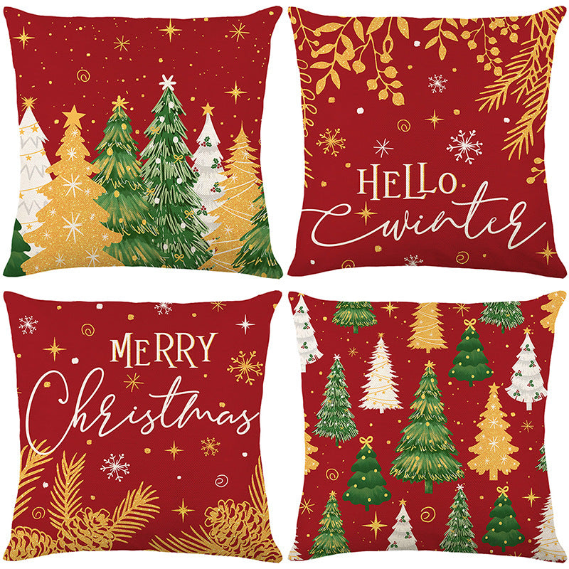 Square Holiday Linen-Feel Throw Pillow Cover with Hello Winter Script and Metallic Gold Botanical Accents
