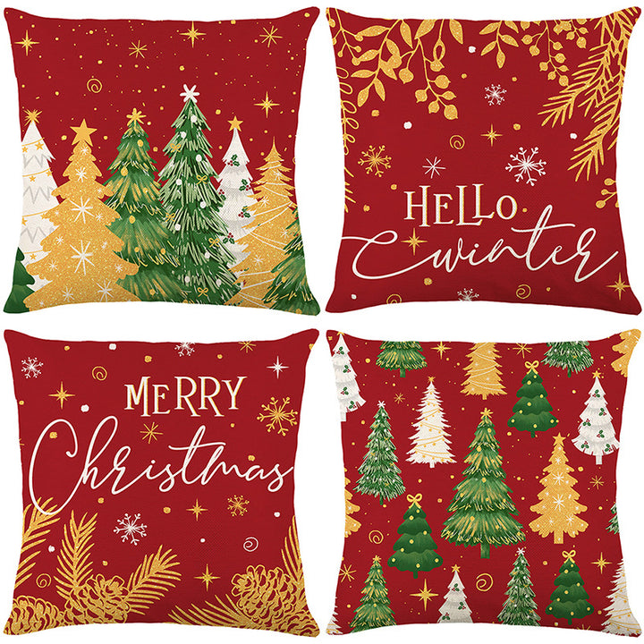 Square Holiday Linen-Feel Throw Pillow Cover with Hello Winter Script and Metallic Gold Botanical Accents