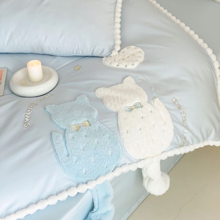 Cute bedding set made of fine satin with 3D cat appliqués, pompom trim & decorative pillow