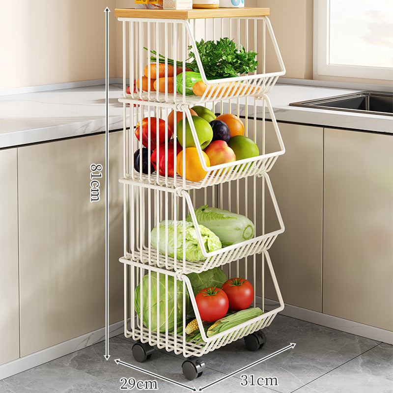 Countertop Wooden-Top Metal Wire Produce Storage Basket with Front-Tilt Access
