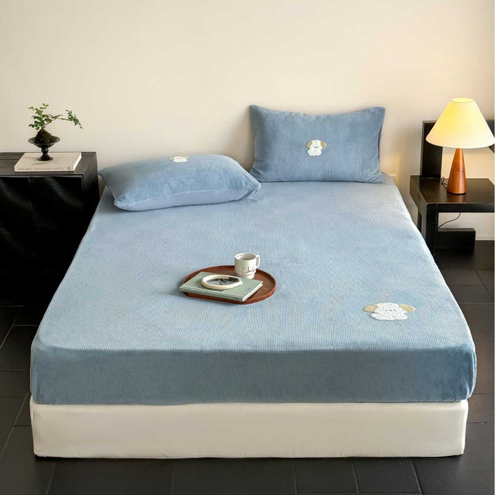 Corduroy Textured Fitted Bed Sheet and Pillowcase Set with Embroidered Panda Accents