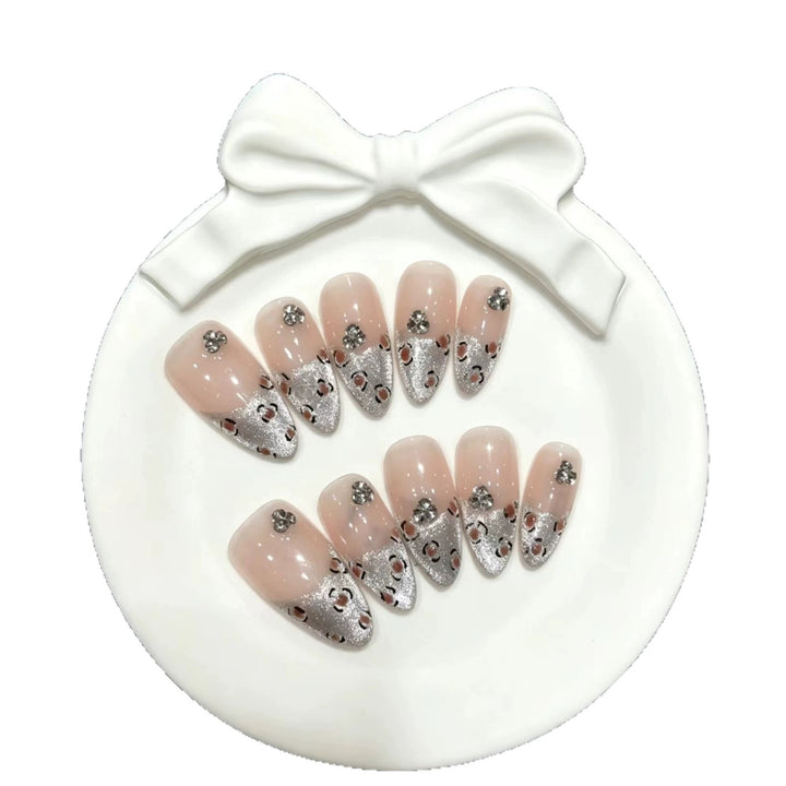 Decorative Press-On Nail Art Set with Gem and Silver Accents